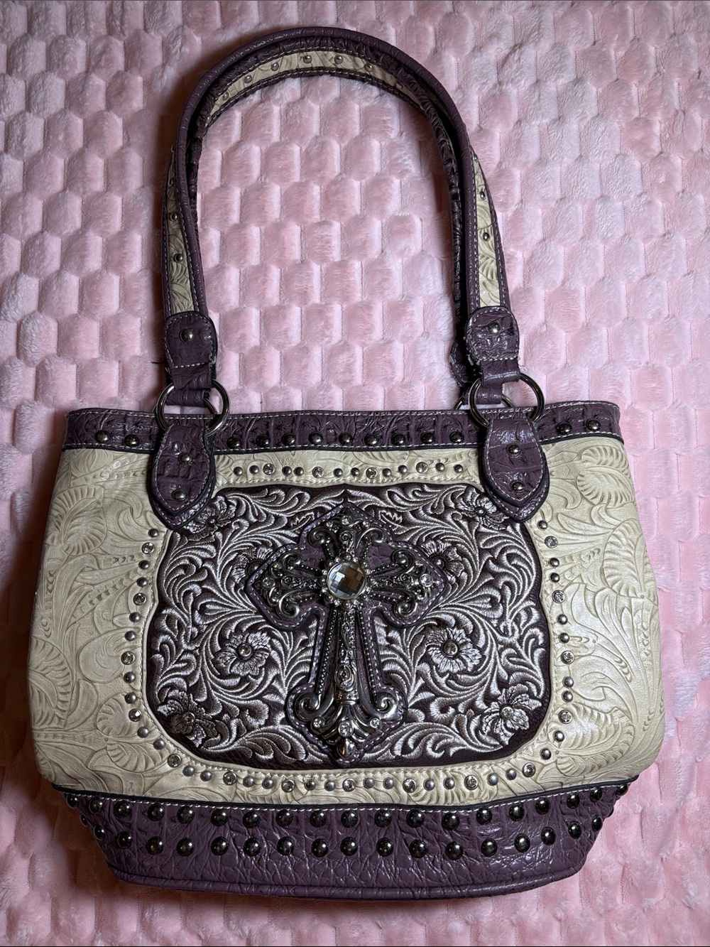 Y2K Western Tooled Leather Cross Studded Shoulder Bag